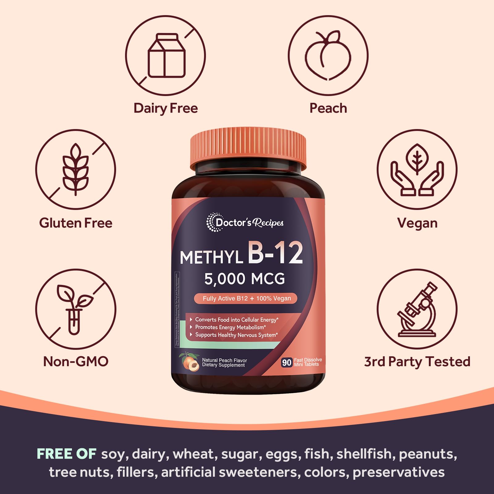 Doctor's Recipes Vitamin B12, Methylcobalamin 5000 mcg 90 Fast Dissolve Tablets, Natural Peach Flavor, Vegan Methyl, Energy Metabolism & Nervous System - dailyvitalstore