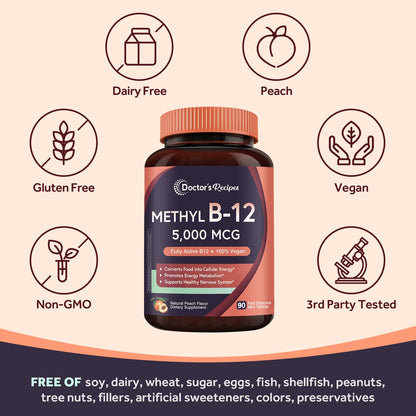 Doctor's Recipes Vitamin B12, Methylcobalamin 5000 mcg 90 Fast Dissolve Tablets, Natural Peach Flavor, Vegan Methyl, Energy Metabolism & Nervous System - dailyvitalstore