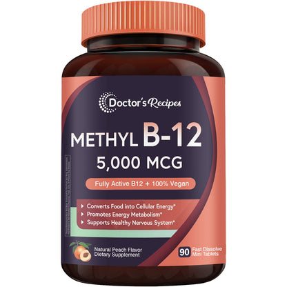 Doctor's Recipes Vitamin B12, Methylcobalamin 5000 mcg 90 Fast Dissolve Tablets, Natural Peach Flavor, Vegan Methyl, Energy Metabolism & Nervous System - dailyvitalstore