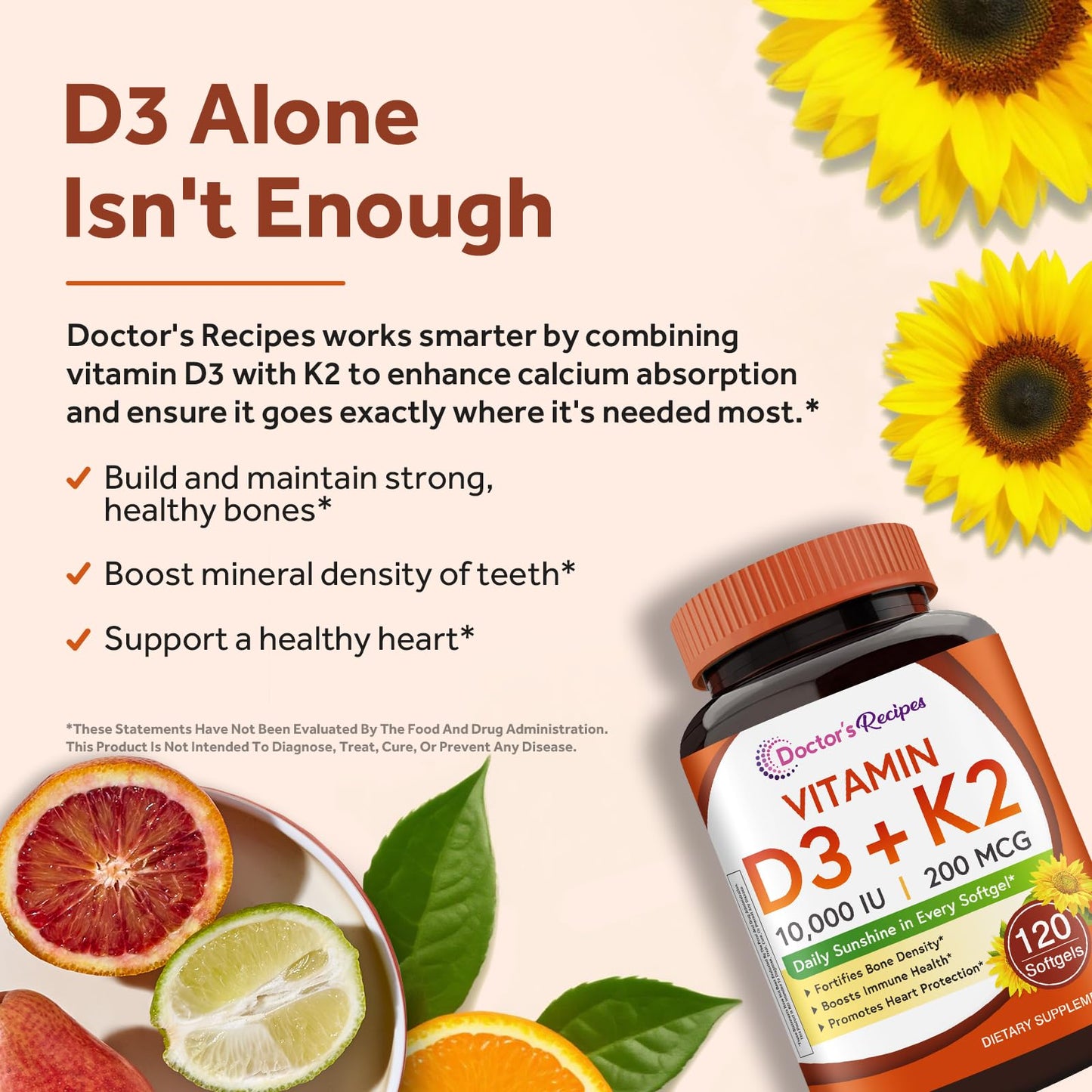 Doctor's Recipes Vitamin D3 K2, 10,000 IU, 200 mcg, MK-7, Strong Bone Density, Teeth, Immune, Heart Support, Energy, Calcium Absorption, - dailyvitalstore