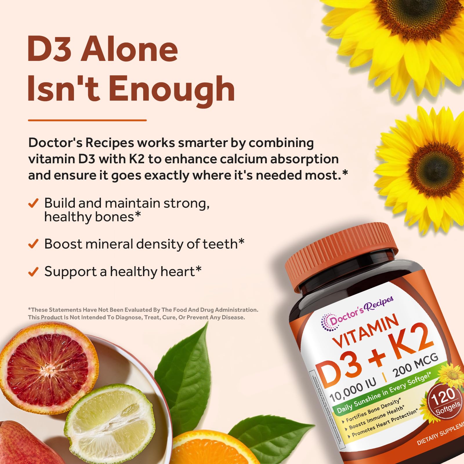 Doctor's Recipes Vitamin D3 K2, 10,000 IU, 200 mcg, MK-7, Strong Bone Density, Teeth, Immune, Heart Support, Energy, Calcium Absorption, - dailyvitalstore