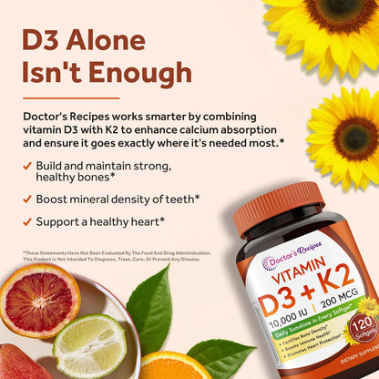 Doctor's Recipes Vitamin D3 K2, 10,000 IU, 200 mcg, MK-7, Strong Bone Density, Teeth, Immune, Heart Support, Energy, Calcium Absorption, - dailyvitalstore
