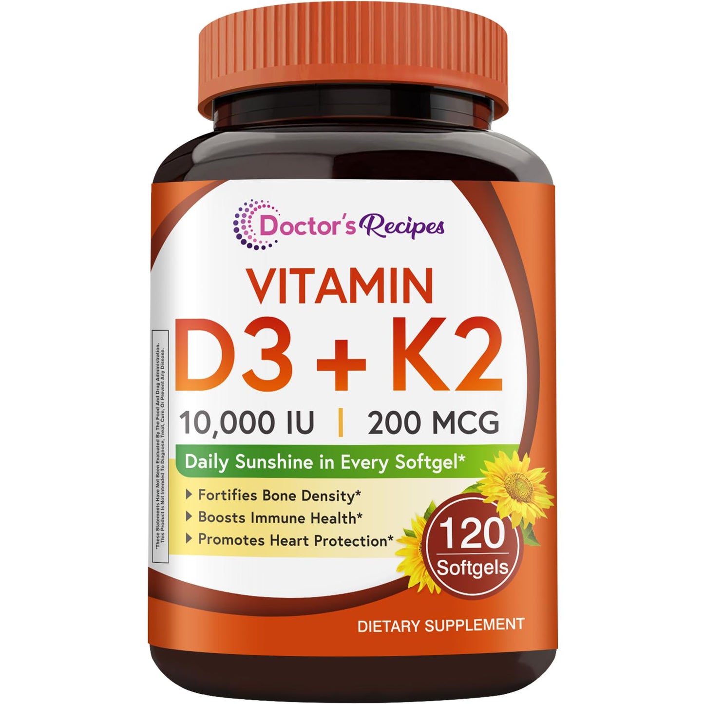 Doctor's Recipes Vitamin D3 K2, 10,000 IU, 200 mcg, MK-7, Strong Bone Density, Teeth, Immune, Heart Support, Energy, Calcium Absorption, - dailyvitalstore
