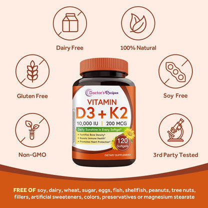 Doctor's Recipes Vitamin D3 K2, 10,000 IU, 200 mcg, MK-7, Strong Bone Density, Teeth, Immune, Heart Support, Energy, Calcium Absorption, - dailyvitalstore
