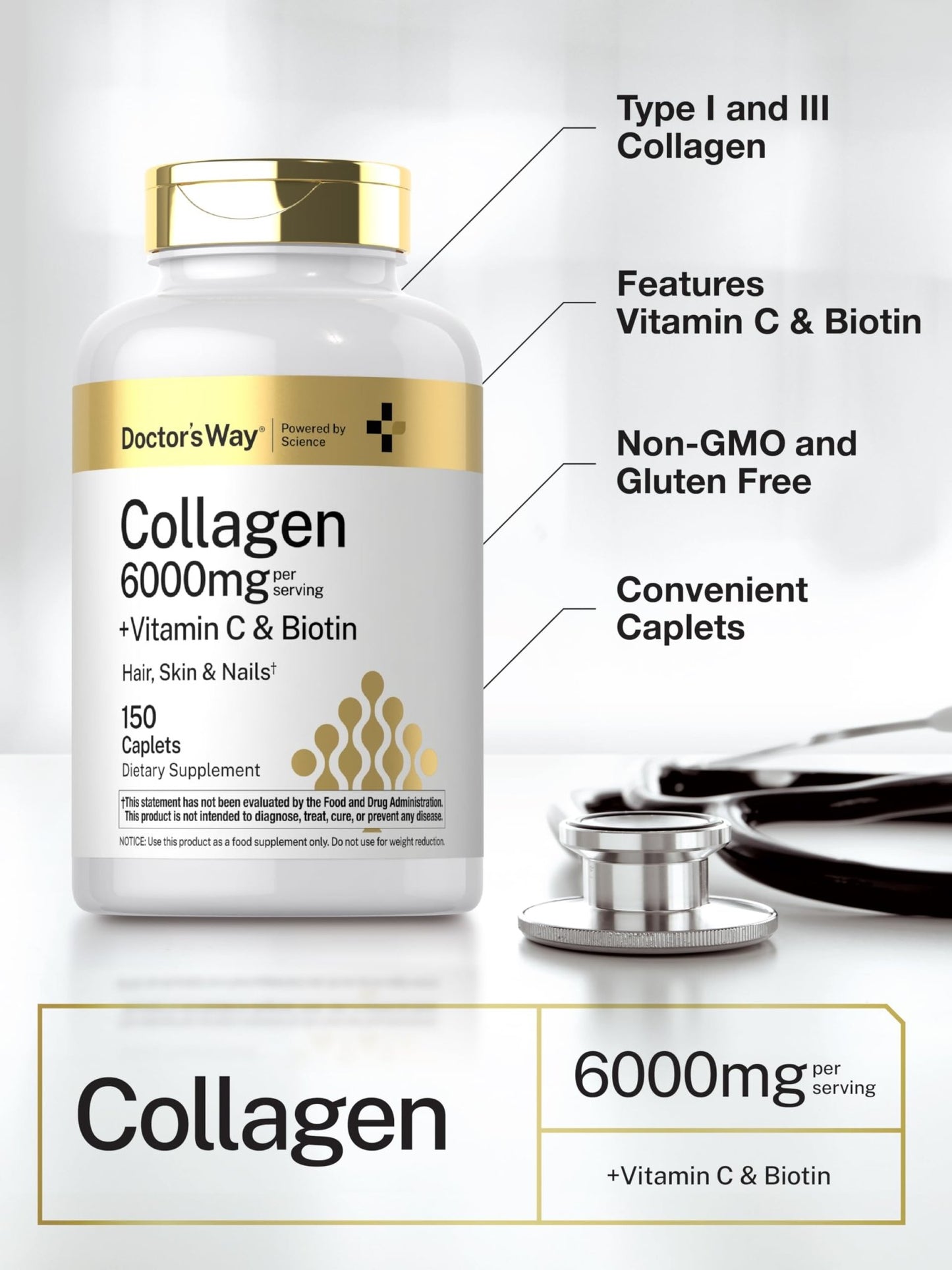 Doctor's Way Collagen Complex | 150 Caplets | with Vitamin C and Biotin | Non-GMO, Gluten Free Supplement - dailyvitalstore