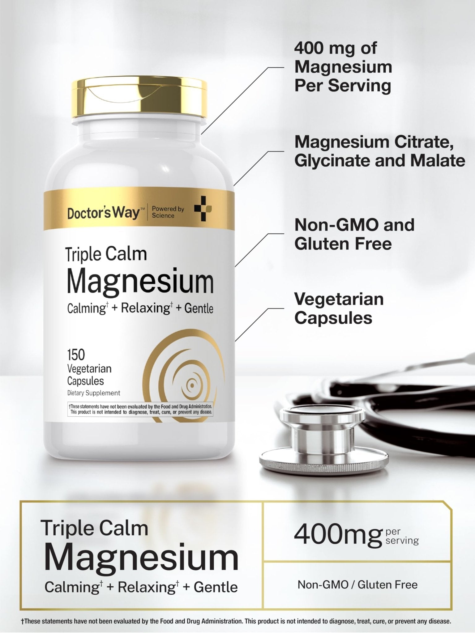 Doctor's Way Triple Magnesium Complex | 150 Capsules | Citrate, Glycinate, & Malate Supplement | Vegetarian, Non-GMO, Gluten Free Formula - dailyvitalstore