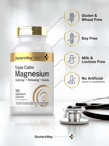 Doctor's Way Triple Magnesium Complex | 150 Capsules | Citrate, Glycinate, & Malate Supplement | Vegetarian, Non-GMO, Gluten Free Formula - dailyvitalstore