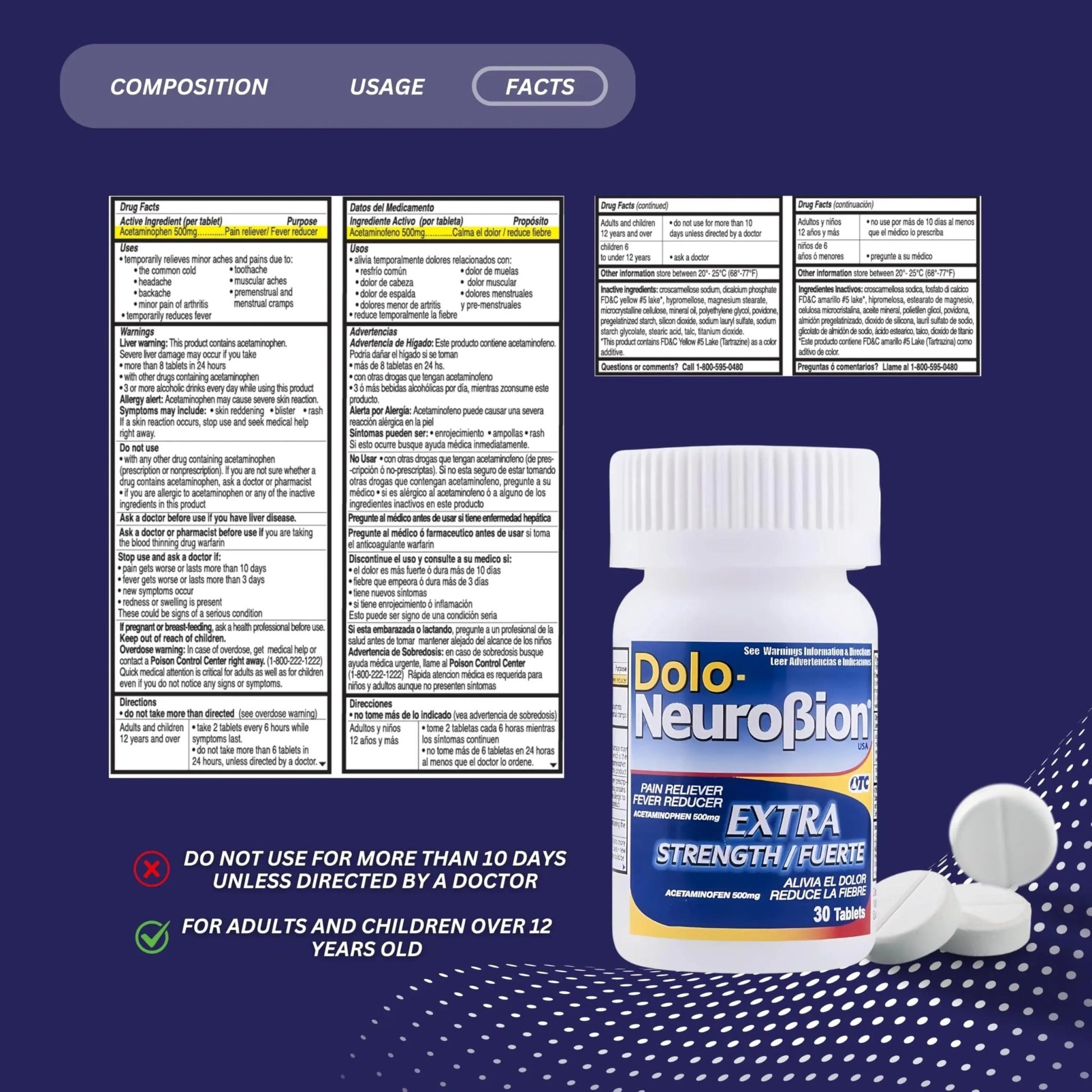 Dolo Neurobion 30 Tablets - Pain Reliever, Fever Reducer, Extra Strength, Fuerte, Alivia el Dolor, Reduce la Fiebre - dailyvitalstore