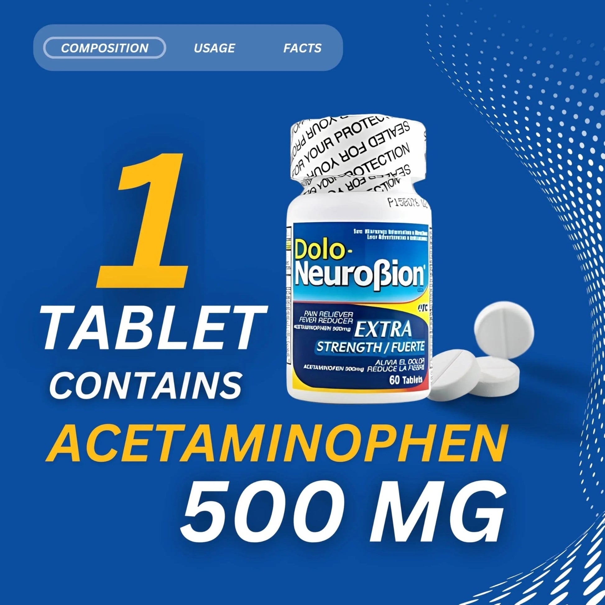 Dolo Neurobion Pain Reliever, Fever Reducer, Extra Strength. Alivia el Dolor,Reduce la Fiebre, Extra Fuerte. 60 Tablets. Acetaminophen 500 mg - dailyvitalstore
