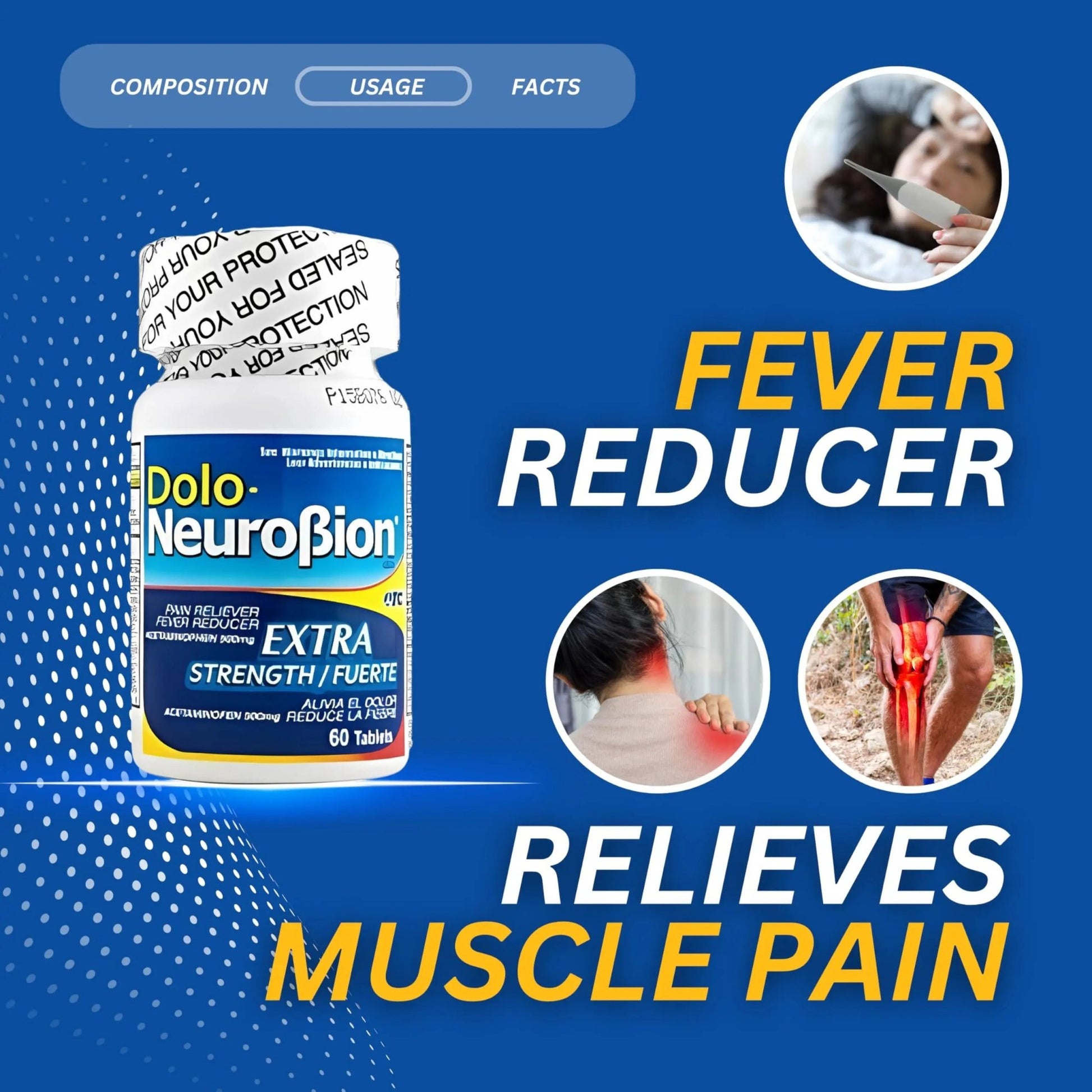 Dolo Neurobion Pain Reliever, Fever Reducer, Extra Strength. Alivia el Dolor,Reduce la Fiebre, Extra Fuerte. 60 Tablets. Acetaminophen 500 mg - dailyvitalstore