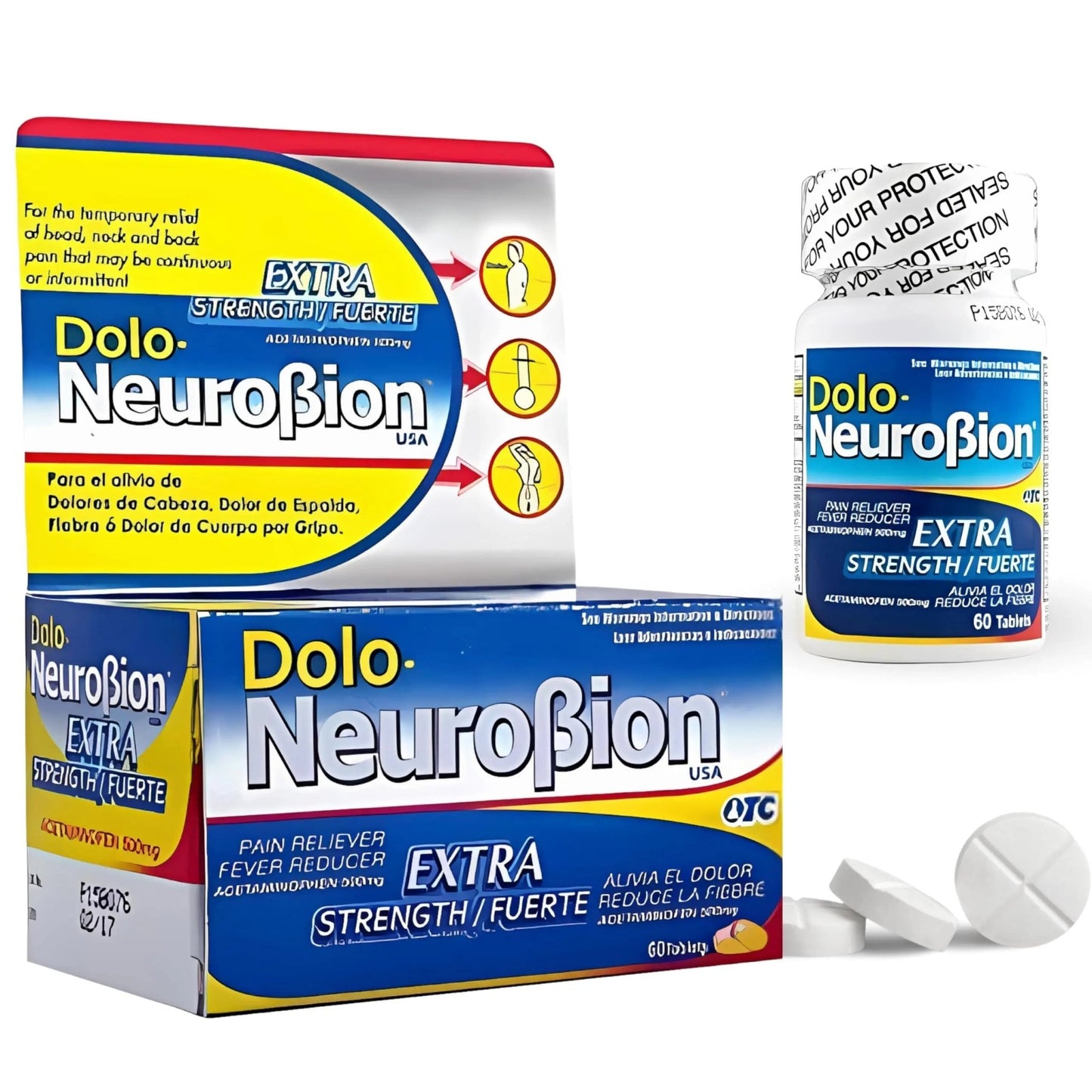 Dolo Neurobion Pain Reliever, Fever Reducer, Extra Strength. Alivia el Dolor,Reduce la Fiebre, Extra Fuerte. 60 Tablets. Acetaminophen 500 mg - dailyvitalstore