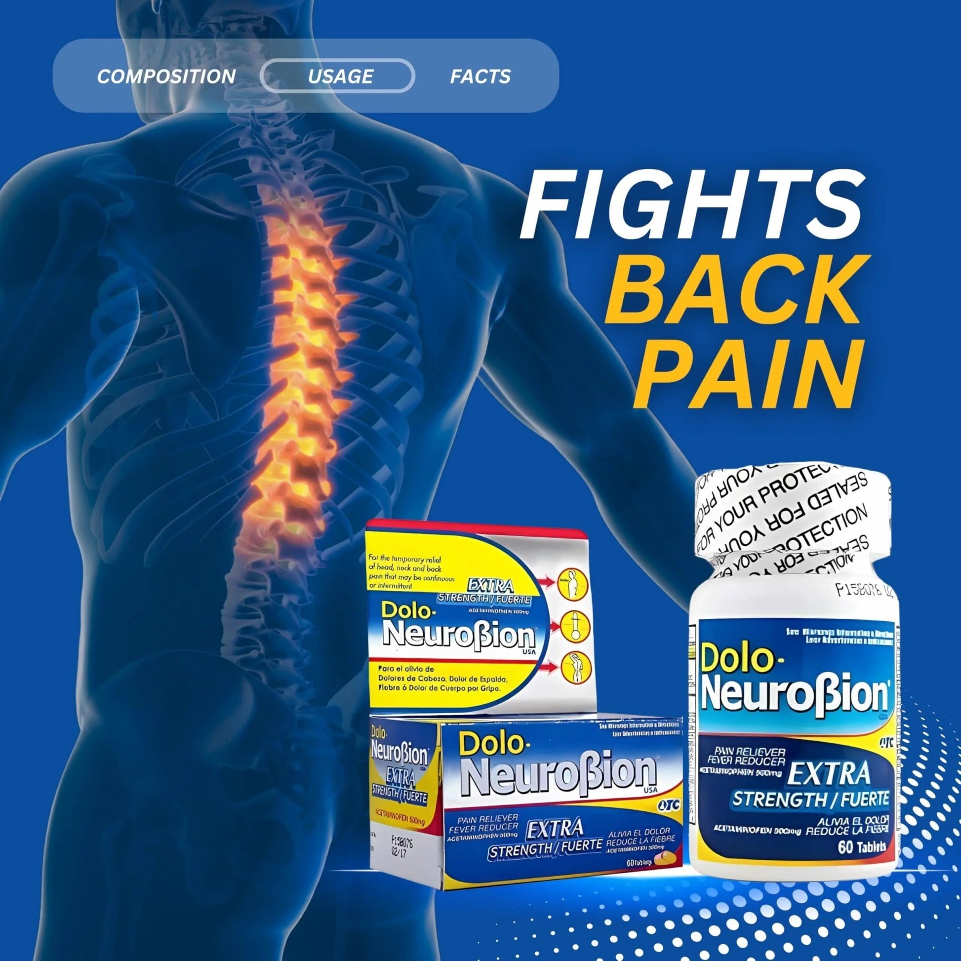Dolo Neurobion Pain Reliever, Fever Reducer, Extra Strength. Alivia el Dolor,Reduce la Fiebre, Extra Fuerte. 60 Tablets. Acetaminophen 500 mg - dailyvitalstore