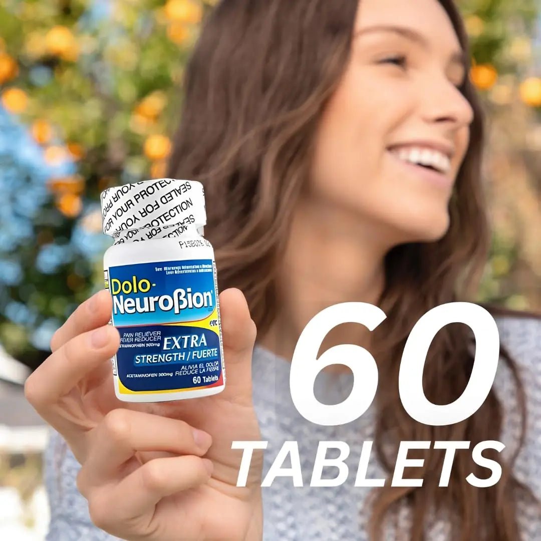 Dolo Neurobion Pain Reliever, Fever Reducer, Extra Strength. Alivia el Dolor,Reduce la Fiebre, Extra Fuerte. 60 Tablets. Acetaminophen 500 mg - dailyvitalstore