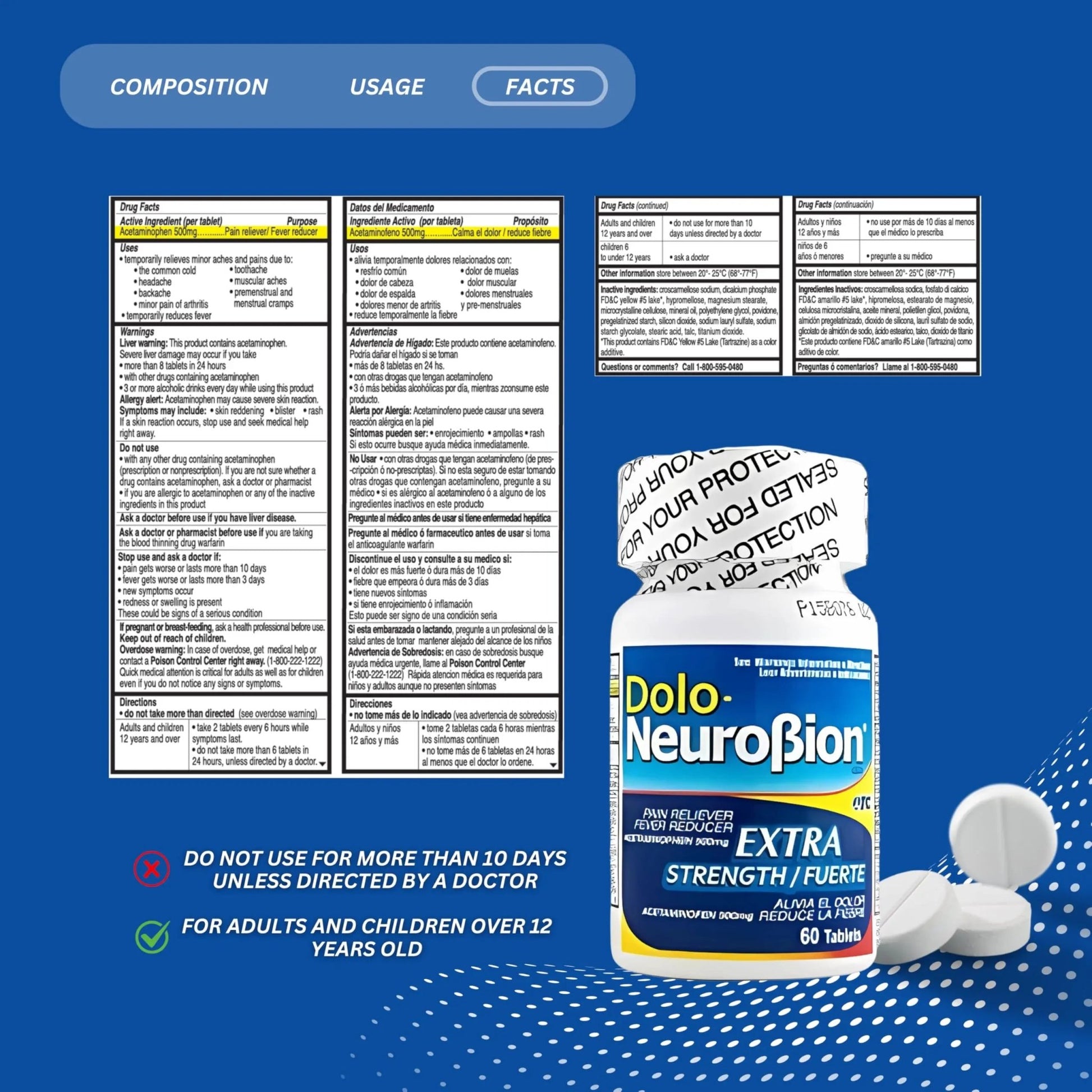 Dolo Neurobion Pain Reliever, Fever Reducer, Extra Strength. Alivia el Dolor,Reduce la Fiebre, Extra Fuerte. 60 Tablets. Acetaminophen 500 mg - dailyvitalstore