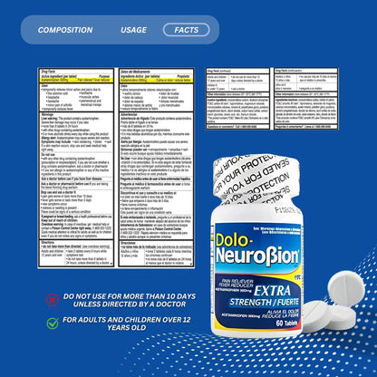 Dolo Neurobion Pain Reliever, Fever Reducer, Extra Strength. Alivia el Dolor,Reduce la Fiebre, Extra Fuerte. 60 Tablets. Acetaminophen 500 mg - dailyvitalstore