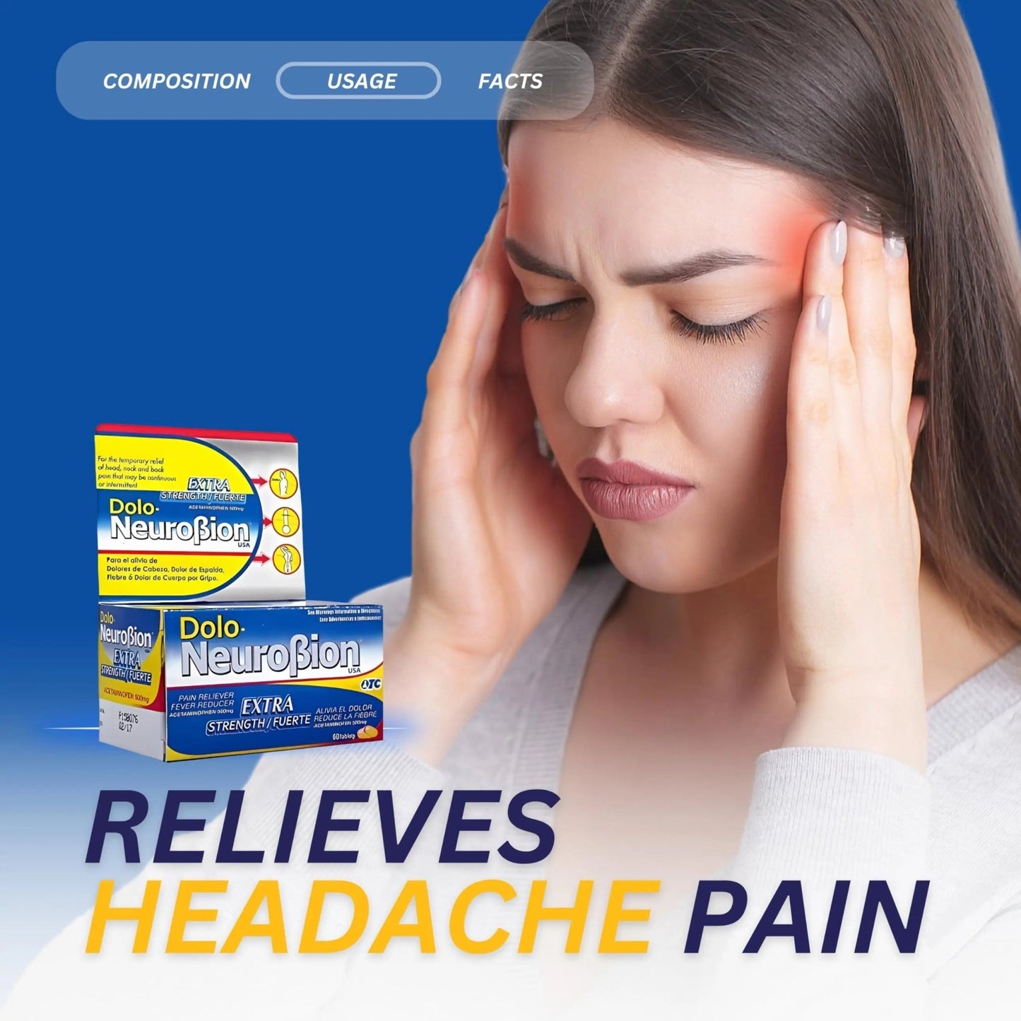 Dolo Neurobion Pain Reliever, Fever Reducer, Extra Strength. Alivia el Dolor,Reduce la Fiebre, Extra Fuerte. 60 Tablets. Acetaminophen 500 mg - dailyvitalstore