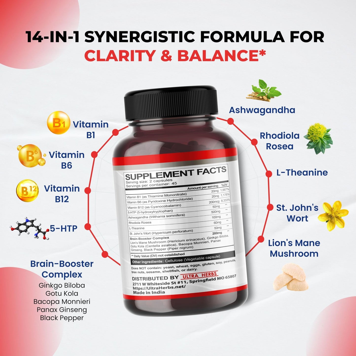 Dopamine Focus Supplement Ashwagandha 5-HTP Rhodiola Rosea St. John's Wort - Increase Memory Clarity Focus Restore Relax with VIT B1, B6, B12, L-Theanine - dailyvitalstore