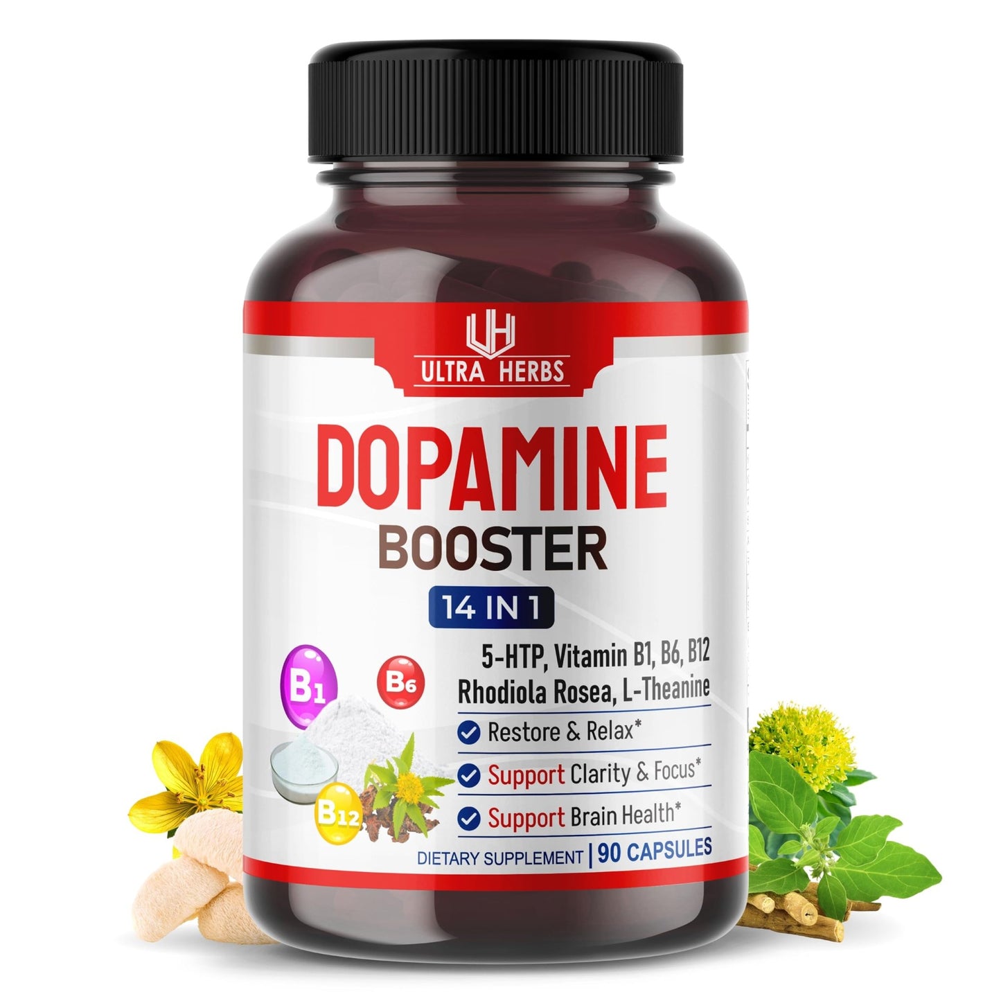 Dopamine Focus Supplement Ashwagandha 5-HTP Rhodiola Rosea St. John's Wort - Increase Memory Clarity Focus Restore Relax with VIT B1, B6, B12, L-Theanine - dailyvitalstore