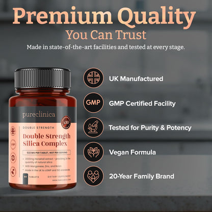 Double Strength Silica Complex – 500mg Horsetail Extract (4:1) per Tablet – 90 Tablets – 3 Month Supply – with Zinc, Manganese & Boron - dailyvitalstore