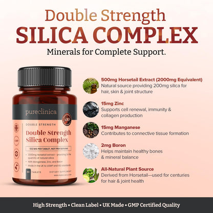 Double Strength Silica Complex – 500mg Horsetail Extract (4:1) per Tablet – 90 Tablets – 3 Month Supply – with Zinc, Manganese & Boron - dailyvitalstore