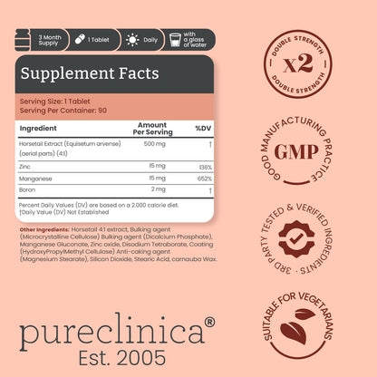 Double Strength Silica Complex – 500mg Horsetail Extract (4:1) per Tablet – 90 Tablets – 3 Month Supply – with Zinc, Manganese & Boron - dailyvitalstore