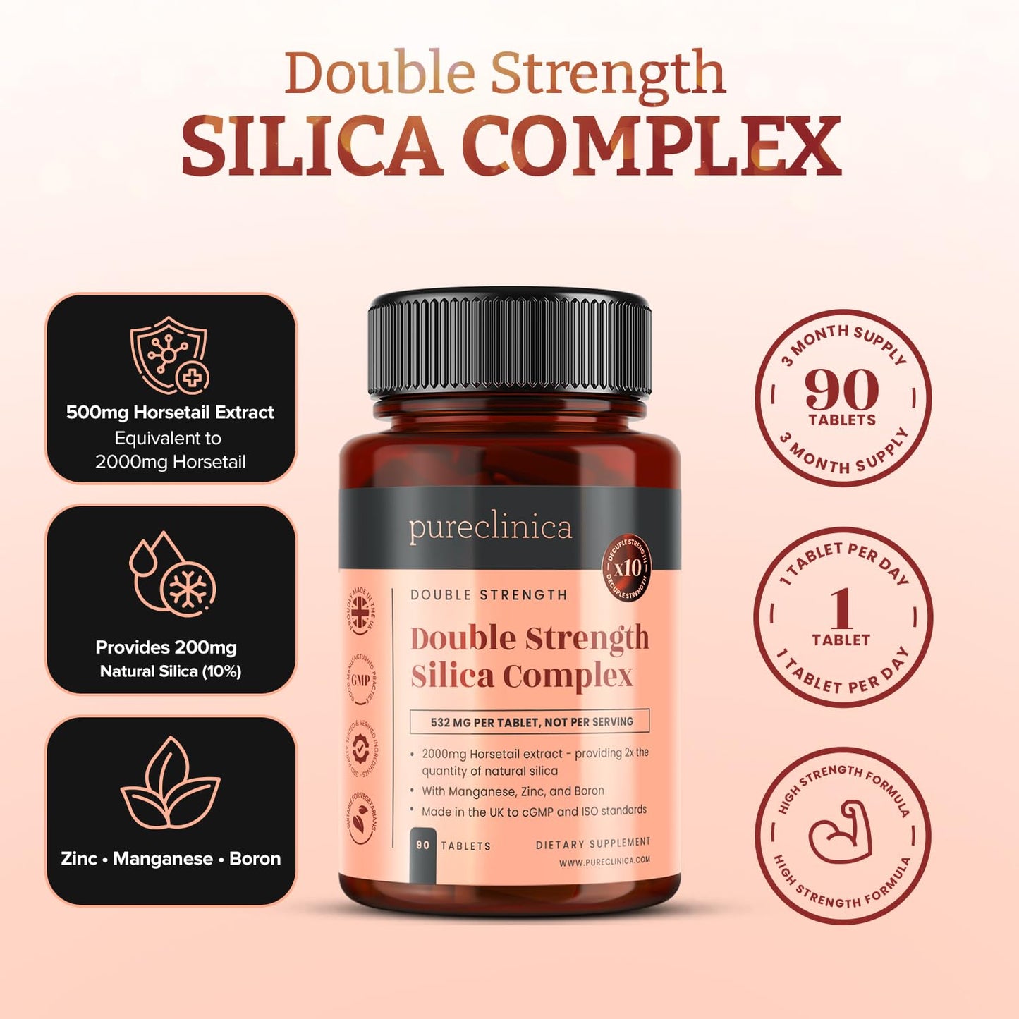 Double Strength Silica Complex – 500mg Horsetail Extract (4:1) per Tablet – 90 Tablets – 3 Month Supply – with Zinc, Manganese & Boron - dailyvitalstore