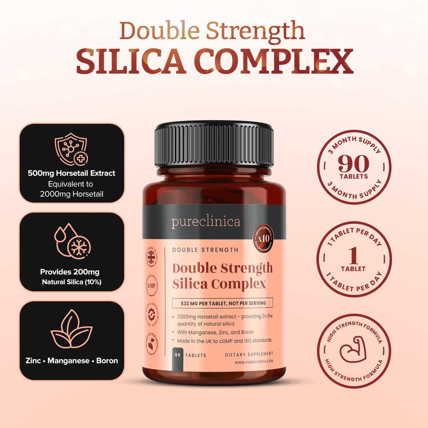 Double Strength Silica Complex – 500mg Horsetail Extract (4:1) per Tablet – 90 Tablets – 3 Month Supply – with Zinc, Manganese & Boron - dailyvitalstore