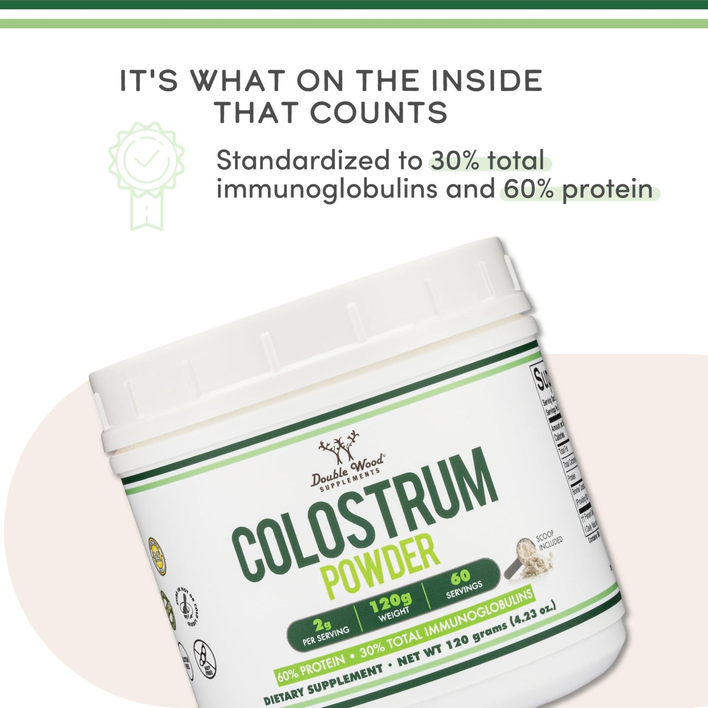 Double Wood Supplements Bovine Colostrum Powder for Women and Men, for Gut Health, Skin & Hair, Immune Support (120 Grams, 60 Day Supply - Standardized - dailyvitalstore