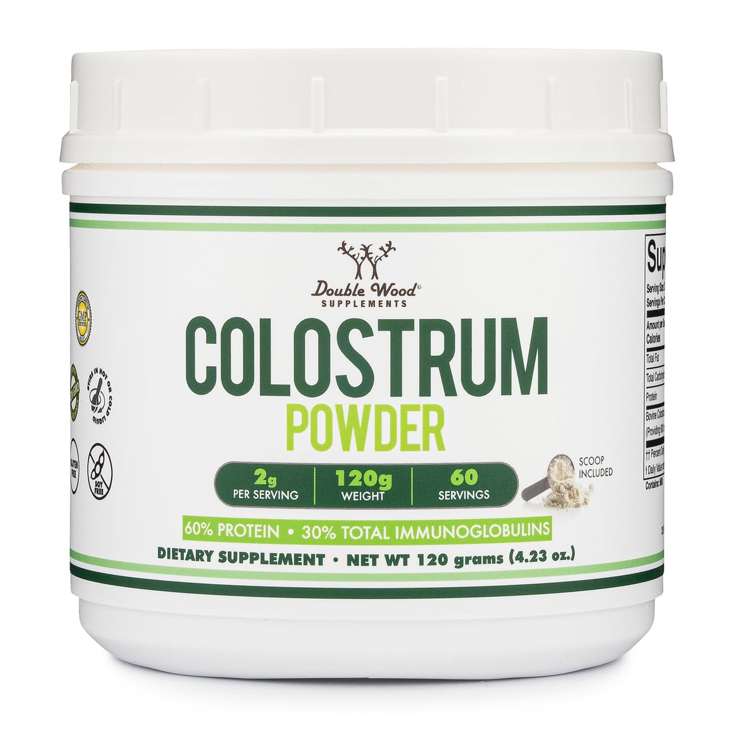 Double Wood Supplements Bovine Colostrum Powder for Women and Men, for Gut Health, Skin & Hair, Immune Support (120 Grams, 60 Day Supply - Standardized - dailyvitalstore