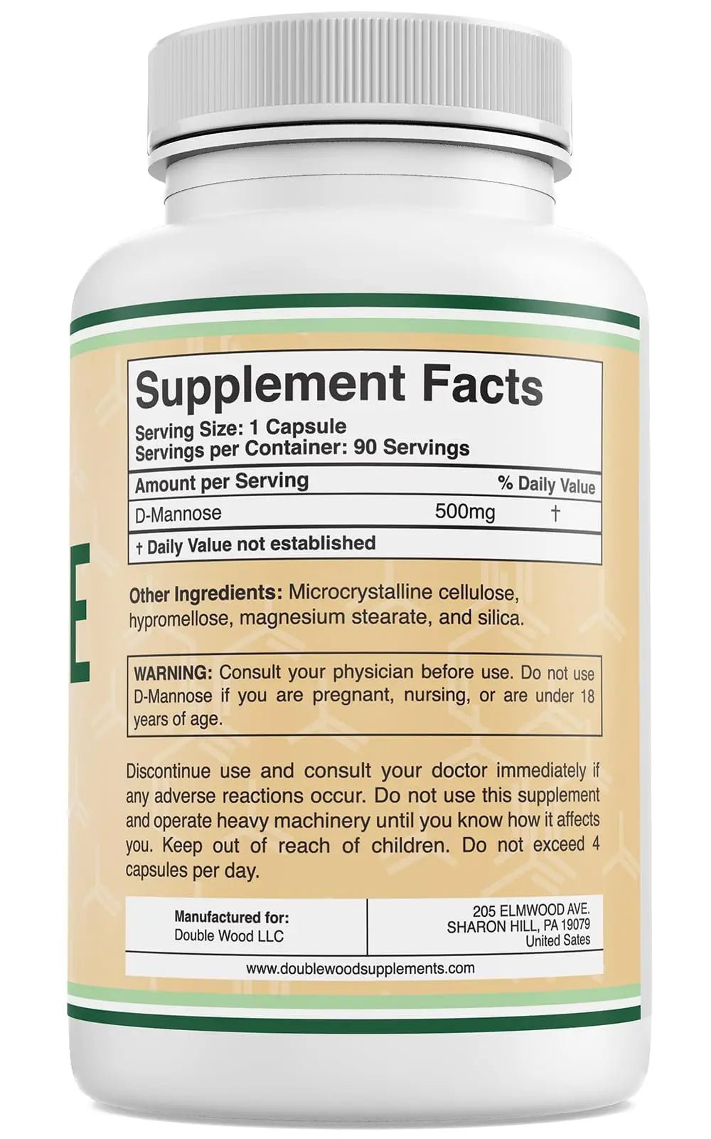 Double Wood Supplements D Mannose 500mg Capsules, 90 Count (D-Mannose for Urinary Tract Health and Bladder Lining, Helps UTI Prevention) Vegan Safe, Non-GMO, Gluten Free - dailyvitalstore
