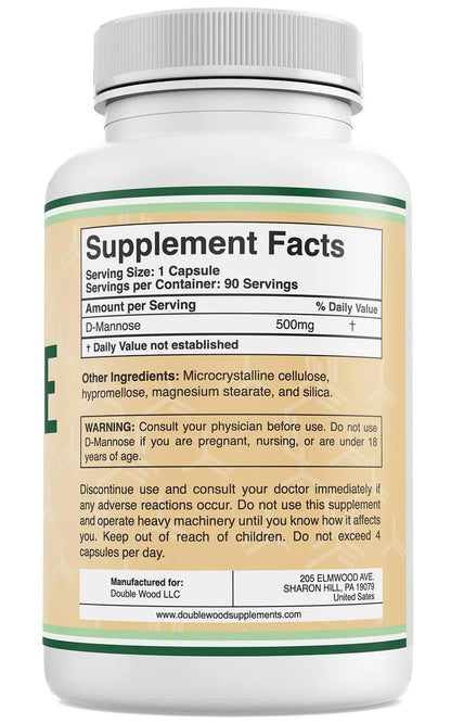 Double Wood Supplements D Mannose 500mg Capsules, 90 Count (D-Mannose for Urinary Tract Health and Bladder Lining, Helps UTI Prevention) Vegan Safe, Non-GMO, Gluten Free - dailyvitalstore
