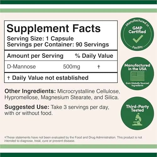 Double Wood Supplements D Mannose 500mg Capsules, 90 Count (D-Mannose for Urinary Tract Health and Bladder Lining, Helps UTI Prevention) Vegan Safe, Non-GMO, Gluten Free - dailyvitalstore