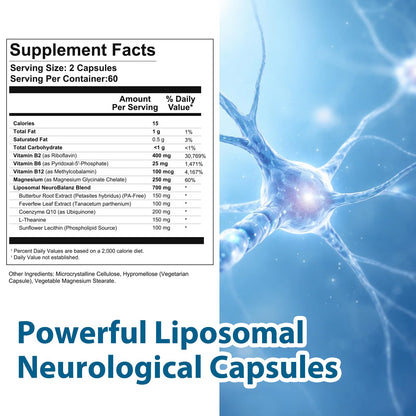 DQQI Migraine Relief Supplement | 120 Capsules Liposomal Neurological Health Formula with Magnesium Glycinate, Riboflavin (Vitamin B2) & Feverfew | Daily Brain Function - dailyvitalstore