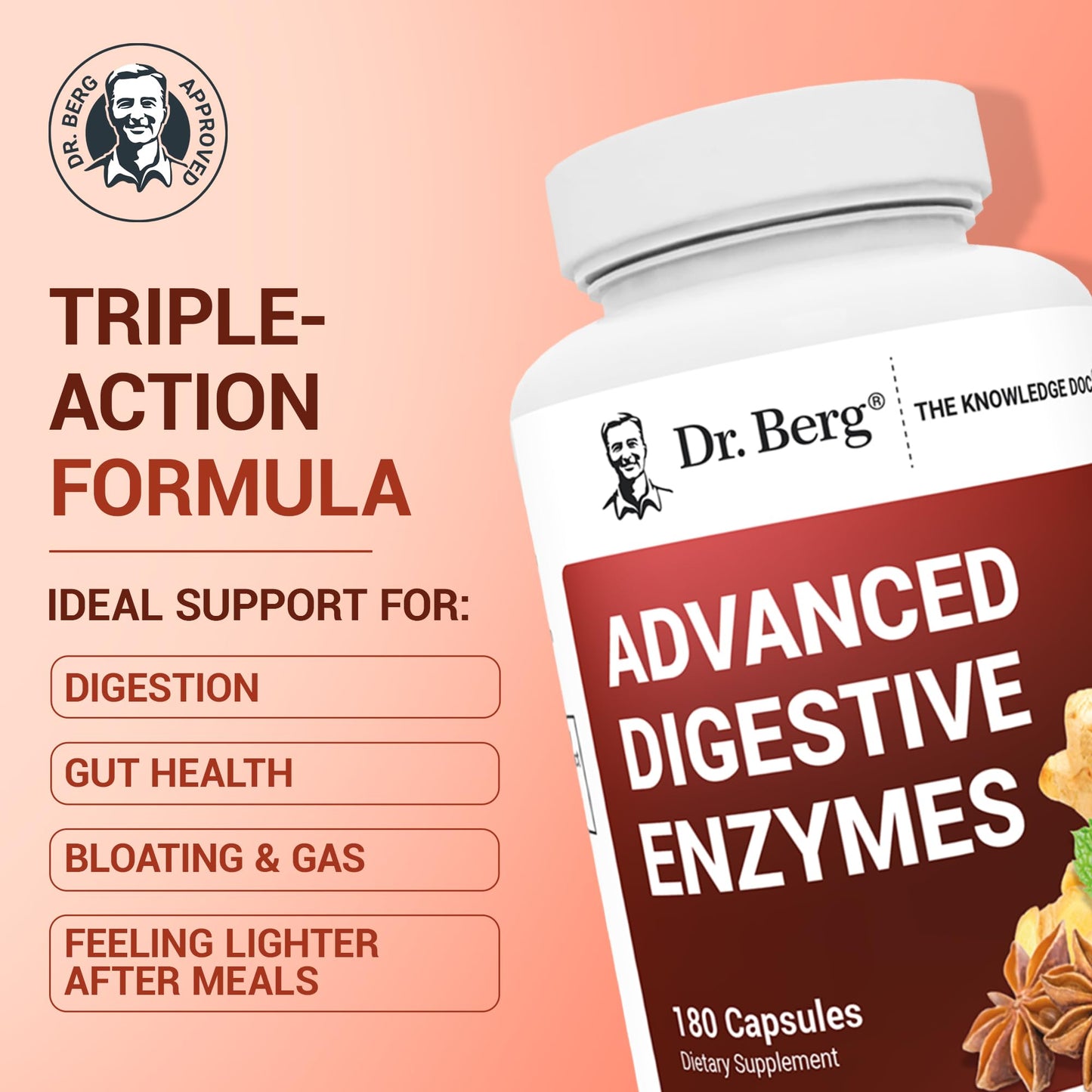 Dr. Berg Advanced Digestive Enzymes with Apple Cider Vinegar - Includes Digestive Health Ingredients Like Betaine Hydrochloride (HCI), Ginger Root & Peppermint Leaf - 180 Capsules - dailyvitalstore