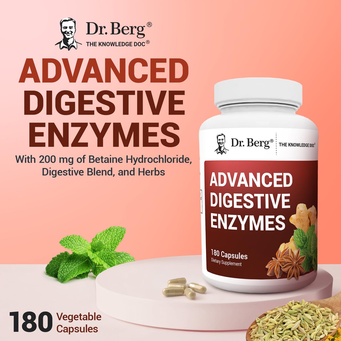Dr. Berg Advanced Digestive Enzymes with Apple Cider Vinegar - Includes Digestive Health Ingredients Like Betaine Hydrochloride (HCI), Ginger Root & Peppermint Leaf - 180 Capsules - dailyvitalstore