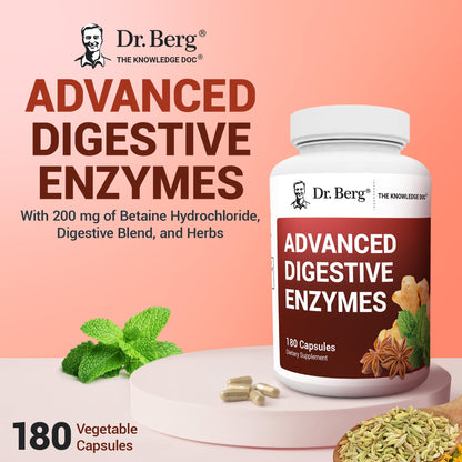 Dr. Berg Advanced Digestive Enzymes with Apple Cider Vinegar - Includes Digestive Health Ingredients Like Betaine Hydrochloride (HCI), Ginger Root & Peppermint Leaf - 180 Capsules - dailyvitalstore