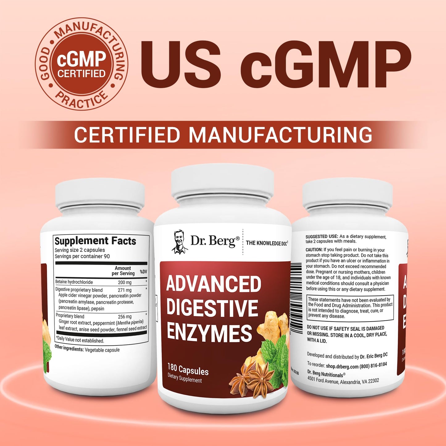 Dr. Berg Advanced Digestive Enzymes with Apple Cider Vinegar - Includes Digestive Health Ingredients Like Betaine Hydrochloride (HCI), Ginger Root & Peppermint Leaf - 180 Capsules - dailyvitalstore