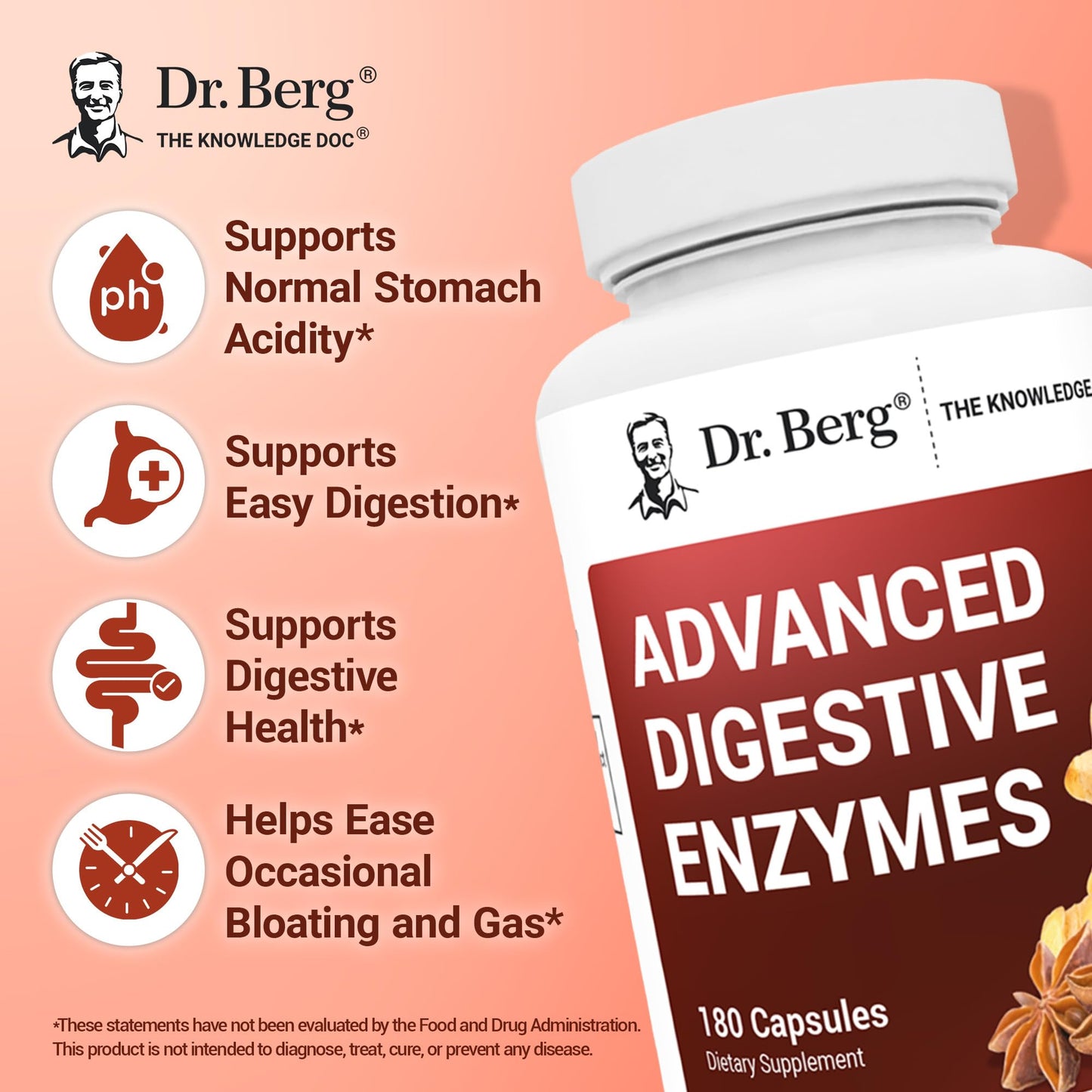 Dr. Berg Advanced Digestive Enzymes with Apple Cider Vinegar - Includes Digestive Health Ingredients Like Betaine Hydrochloride (HCI), Ginger Root & Peppermint Leaf - 180 Capsules - dailyvitalstore