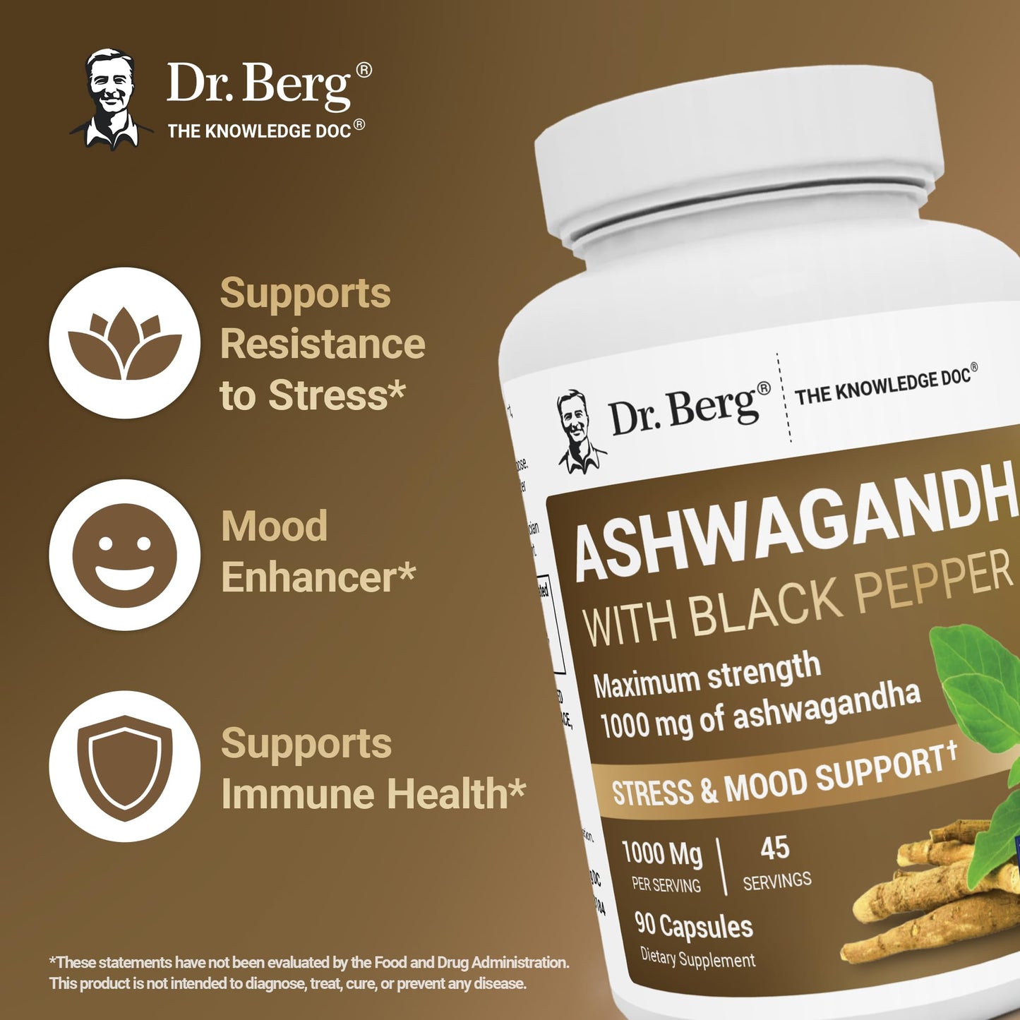 Dr. Berg Ashwagandha Capsules 1000mg - Includes Ashwagandha Root with Black Pepper from Bioperine - Ashwagandha Supplements 90 Capsules - dailyvitalstore