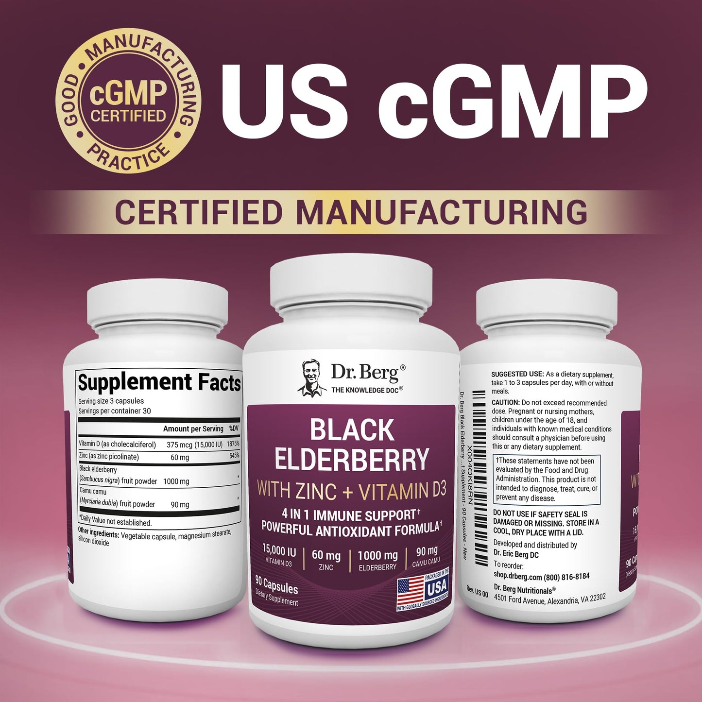Dr. Berg Black Elderberry Capsules (Advanced Immune Support*) with 15,000 IU Vitamin D, 60 mg of Zinc, & 90 mg of Camu Camu - (4-in-1) Sambucus Elderberry Immune Support Supplement - 90 Capsules - dailyvitalstore