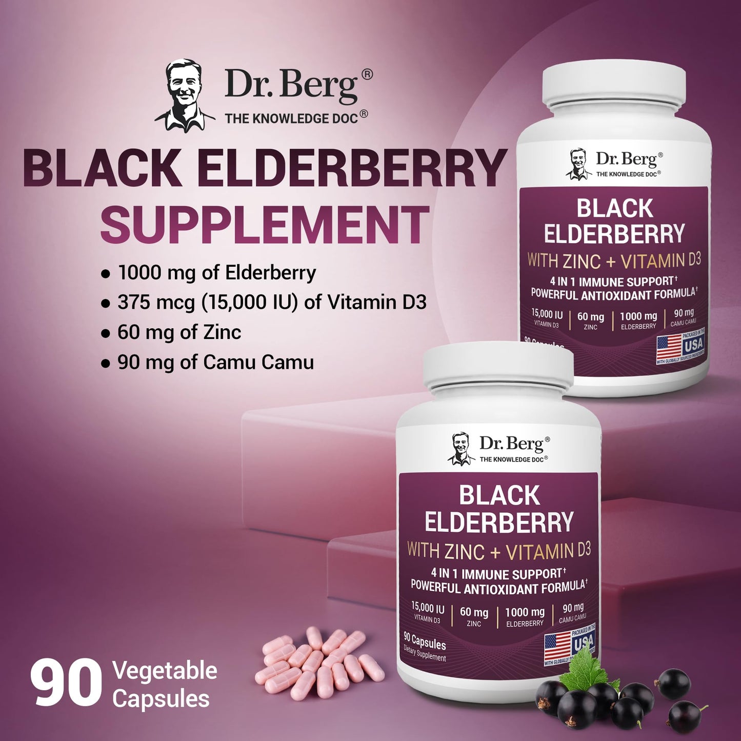Dr. Berg Black Elderberry Capsules (Advanced Immune Support*) with 15,000 IU Vitamin D, 60 mg of Zinc, & 90 mg of Camu Camu - (4-in-1) Sambucus Elderberry Immune Support Supplement - 90 Capsules - dailyvitalstore
