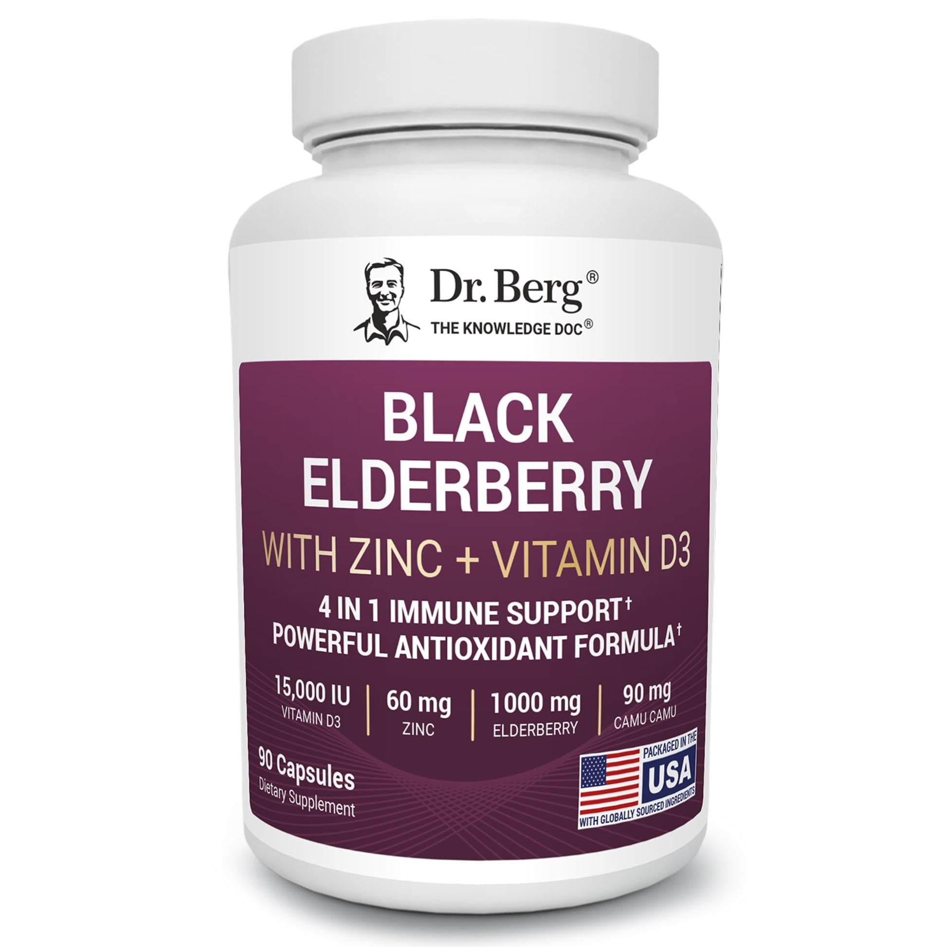 Dr. Berg Black Elderberry Capsules (Advanced Immune Support*) with 15,000 IU Vitamin D, 60 mg of Zinc, & 90 mg of Camu Camu - (4-in-1) Sambucus Elderberry Immune Support Supplement - 90 Capsules - dailyvitalstore