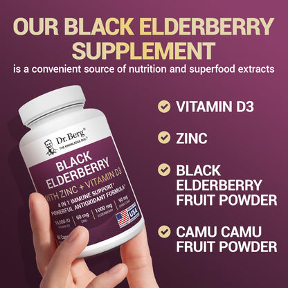 Dr. Berg Black Elderberry Capsules (Advanced Immune Support*) with 15,000 IU Vitamin D, 60 mg of Zinc, & 90 mg of Camu Camu - (4-in-1) Sambucus Elderberry Immune Support Supplement - 90 Capsules - dailyvitalstore