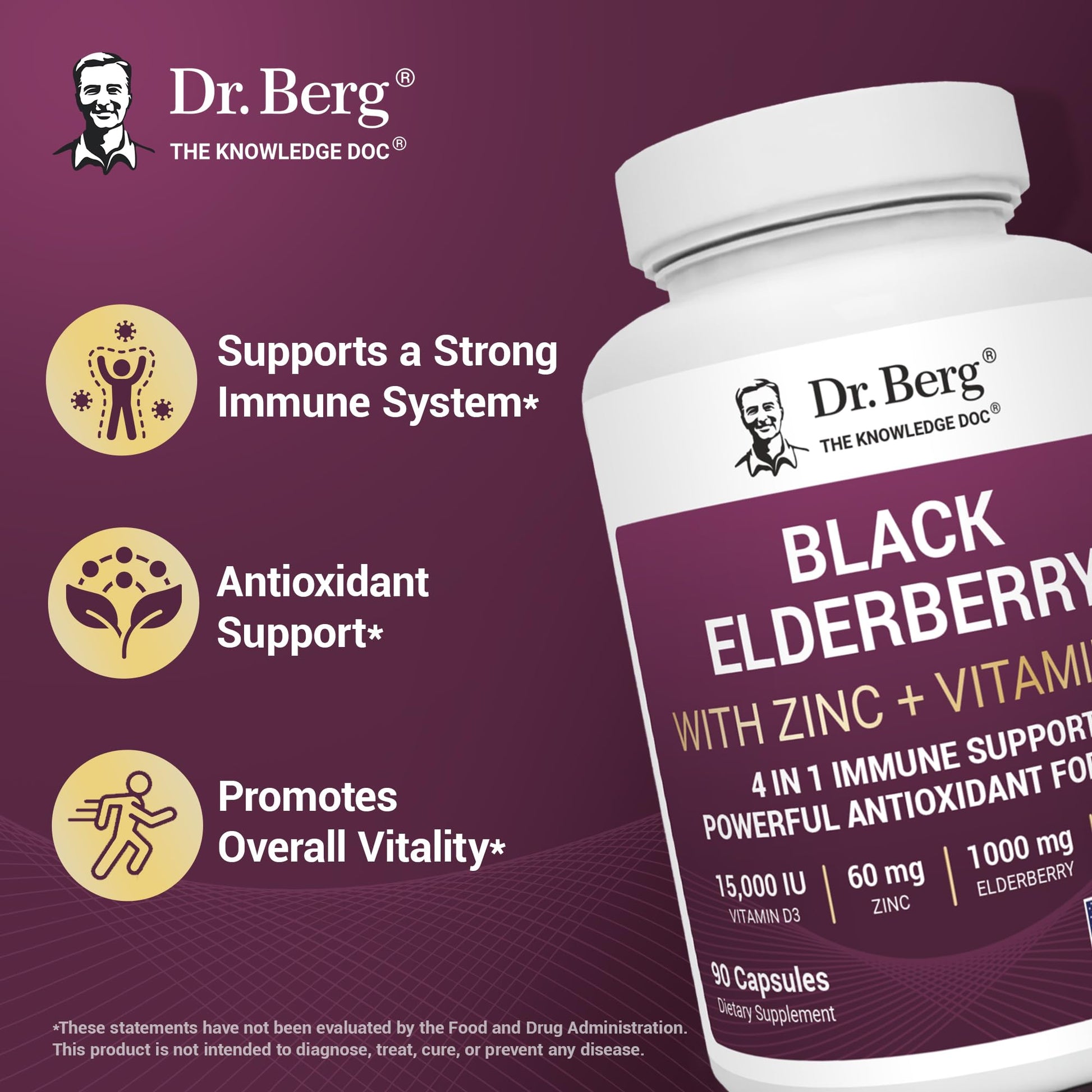 Dr. Berg Black Elderberry Capsules (Advanced Immune Support*) with 15,000 IU Vitamin D, 60 mg of Zinc, & 90 mg of Camu Camu - (4-in-1) Sambucus Elderberry Immune Support Supplement - 90 Capsules - dailyvitalstore