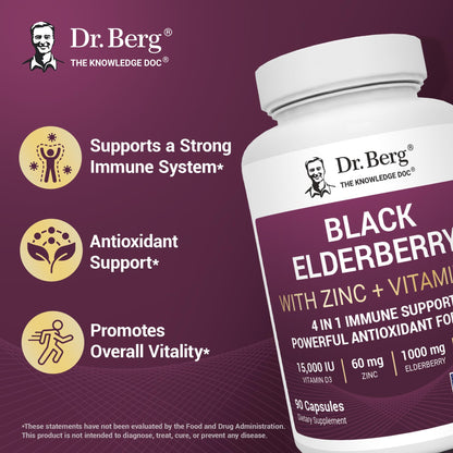 Dr. Berg Black Elderberry Capsules (Advanced Immune Support*) with 15,000 IU Vitamin D, 60 mg of Zinc, & 90 mg of Camu Camu - (4-in-1) Sambucus Elderberry Immune Support Supplement - 90 Capsules - dailyvitalstore