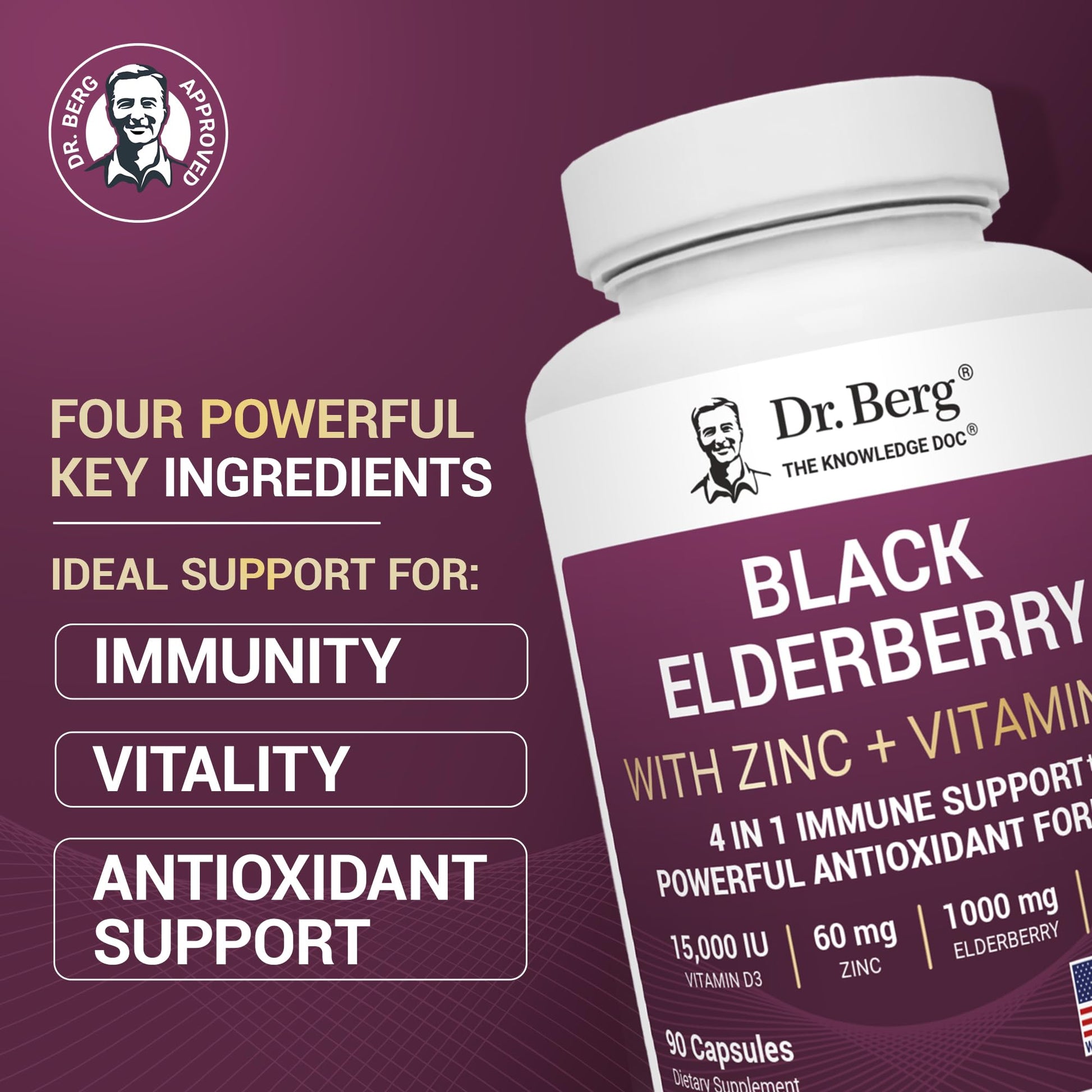 Dr. Berg Black Elderberry Capsules (Advanced Immune Support*) with 15,000 IU Vitamin D, 60 mg of Zinc, & 90 mg of Camu Camu - (4-in-1) Sambucus Elderberry Immune Support Supplement - 90 Capsules - dailyvitalstore