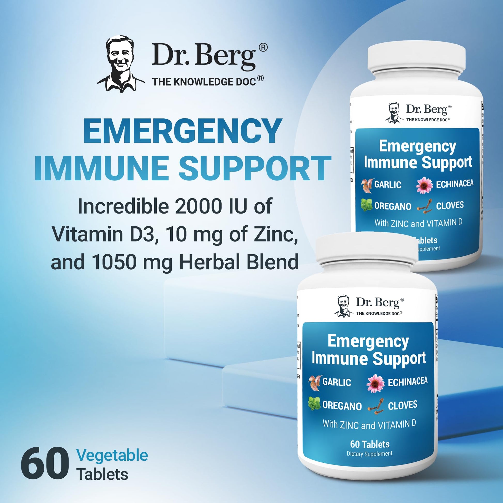 Dr. Berg Emergency Immune Support w/Echinacea - Potent Blend of Herbal Extracts (Warning: Strong Herbal Smells) - Immune Support Supplement Includes 2,000 IUs of Vitamin D & 10mg of Zinc - 60 Tablets - dailyvitalstore