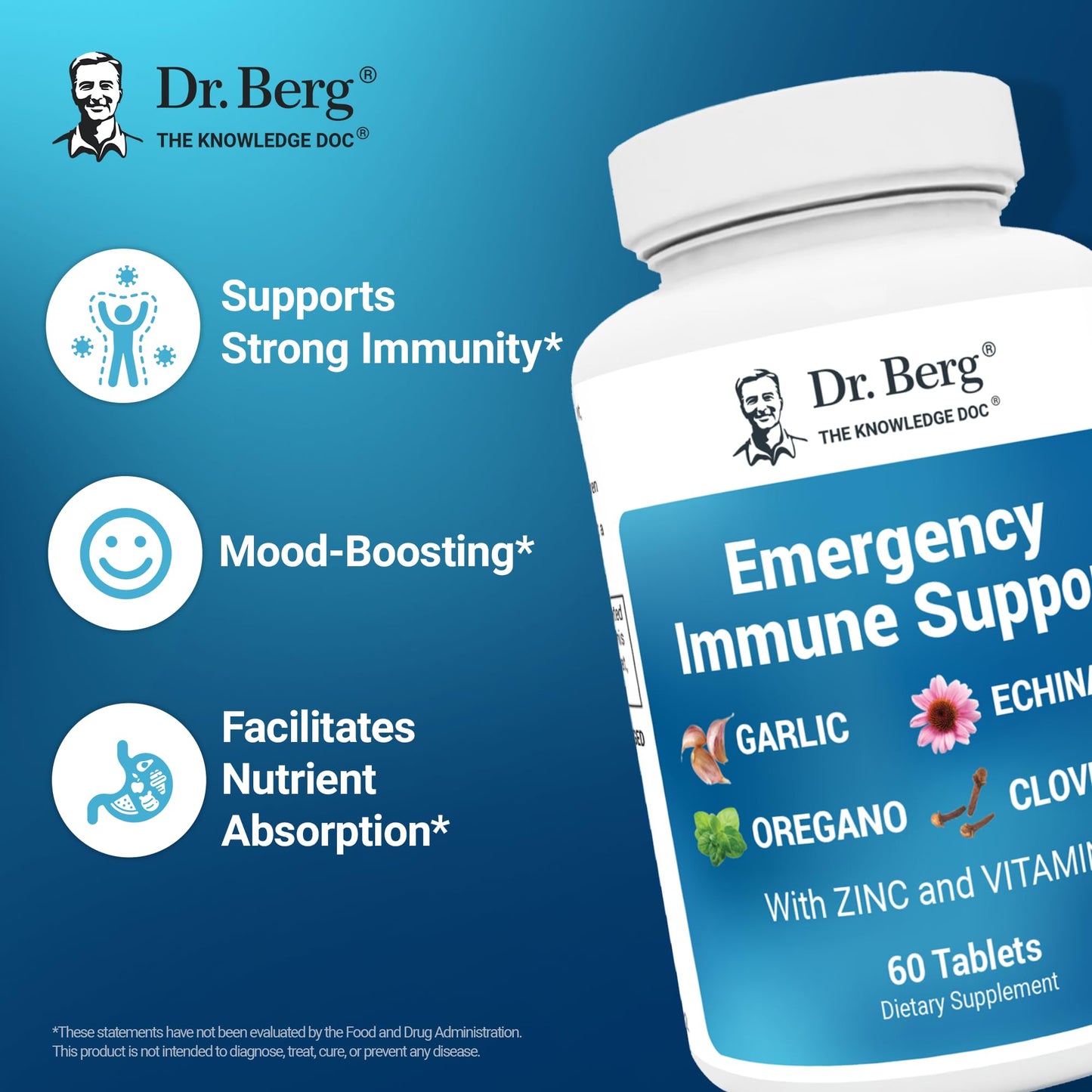 Dr. Berg Emergency Immune Support w/Echinacea - Potent Blend of Herbal Extracts (Warning: Strong Herbal Smells) - Immune Support Supplement Includes 2,000 IUs of Vitamin D & 10mg of Zinc - 60 Tablets - dailyvitalstore