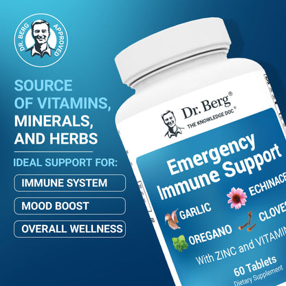 Dr. Berg Emergency Immune Support w/Echinacea - Potent Blend of Herbal Extracts (Warning: Strong Herbal Smells) - Immune Support Supplement Includes 2,000 IUs of Vitamin D & 10mg of Zinc - 60 Tablets - dailyvitalstore