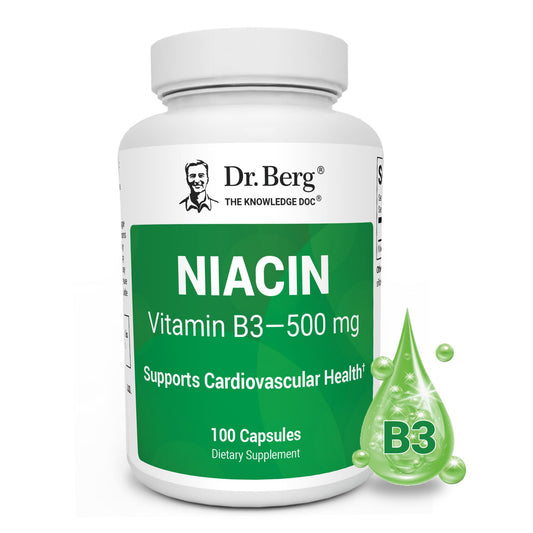 Dr. Berg Highly-Potent Niacin 500 mg – Now Only 125 mg per Capsule for Niacin Flush Tolerance Building – Gradually Increase to 500mg a Day – Vitamin B3 for Heart, Brain & Energy Support – 100 Capsules - dailyvitalstore